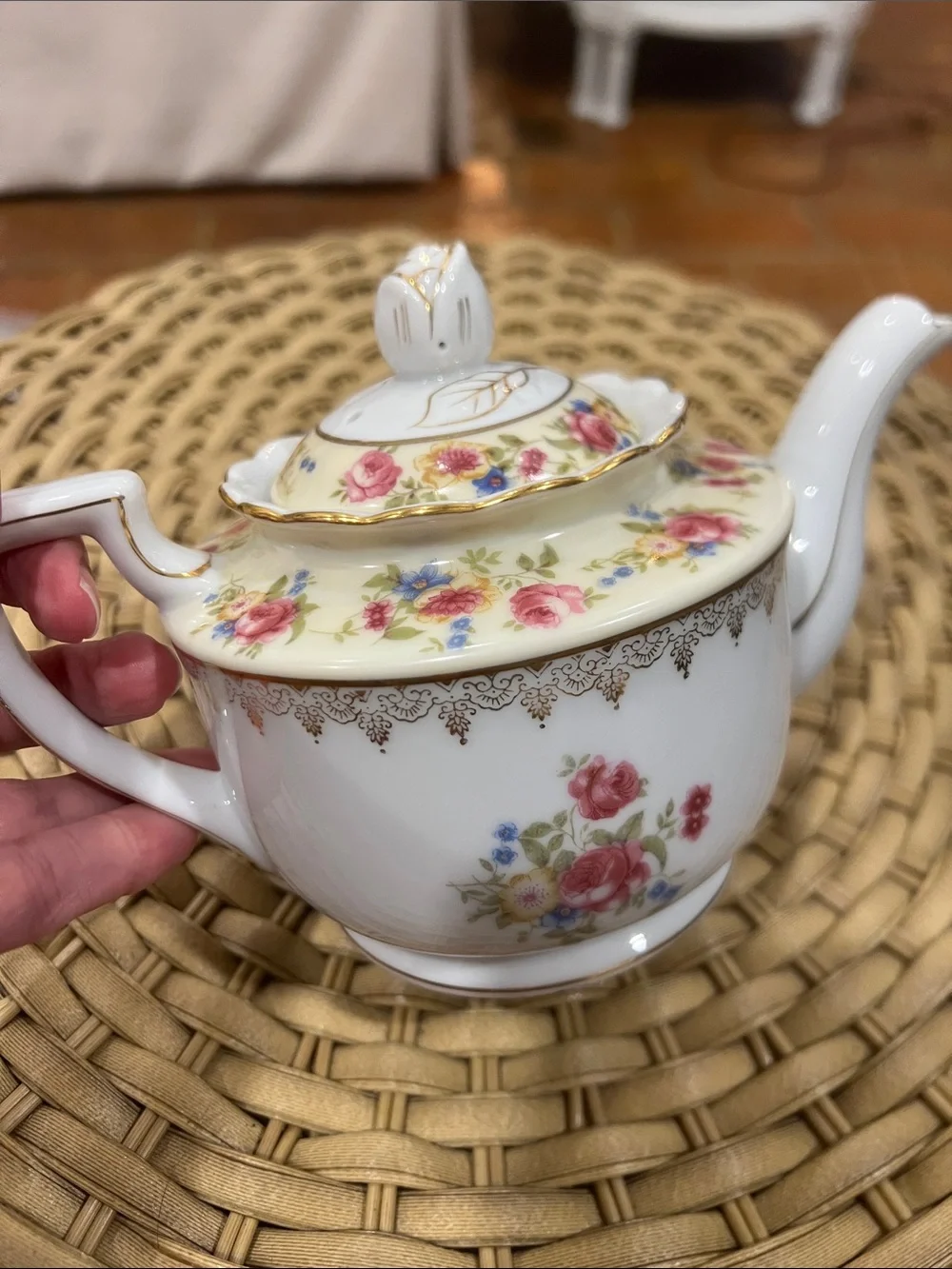 Vintage Gold Castle Floral Porcelain Mini Teapot with Gold Trim
